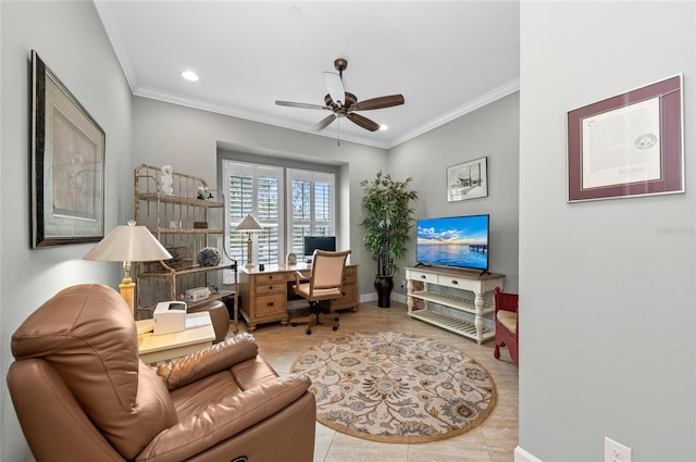 tiled office featuring ceiling fan and ornamental molding