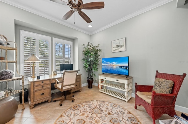 tiled home office featuring crown molding and ceiling fan