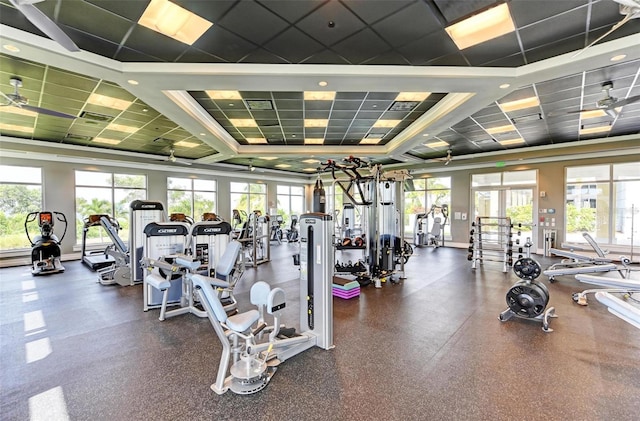 workout area featuring a drop ceiling