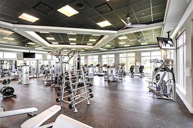 workout area with ceiling fan and a paneled ceiling