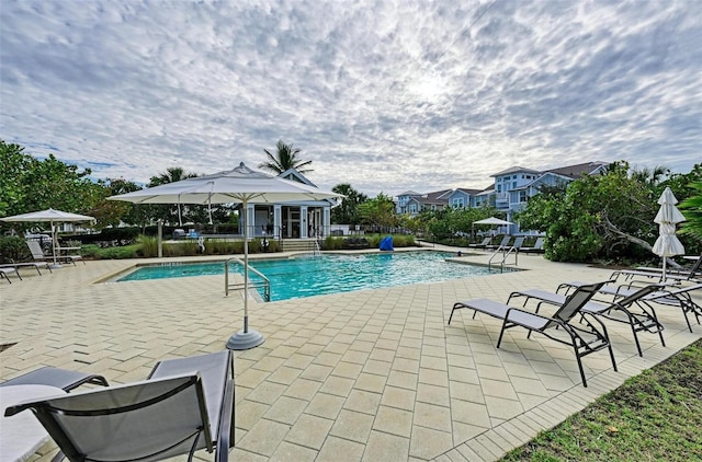 view of swimming pool featuring a patio