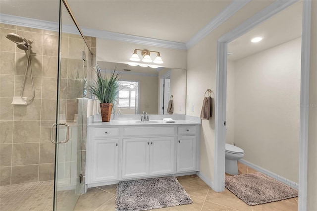 bathroom featuring ornamental molding, vanity, walk in shower, toilet, and tile patterned floors