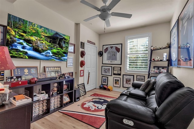 living room with wood-type flooring and ceiling fan