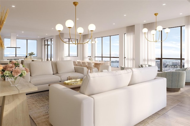 living room featuring light hardwood / wood-style floors and a notable chandelier