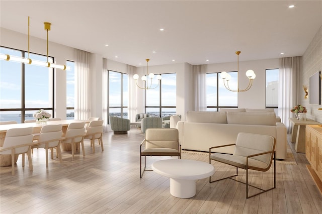 living room featuring light wood-type flooring, a water view, a healthy amount of sunlight, and an inviting chandelier