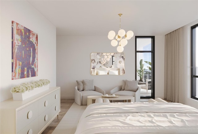 bedroom with light wood-type flooring, a chandelier, and a wall of windows