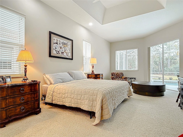 bedroom featuring access to exterior, a raised ceiling, and carpet