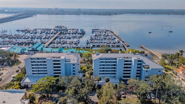 aerial view featuring a water view