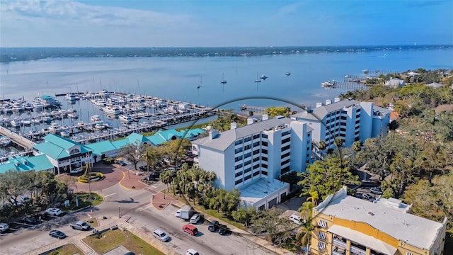 bird's eye view with a water view