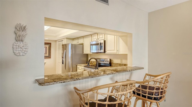 kitchen featuring a tray ceiling, light stone countertops, kitchen peninsula, and appliances with stainless steel finishes