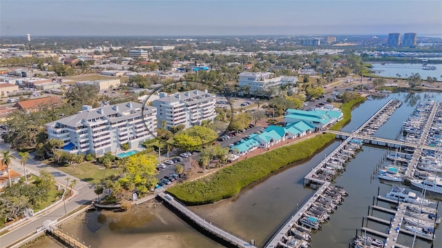 bird's eye view with a water view