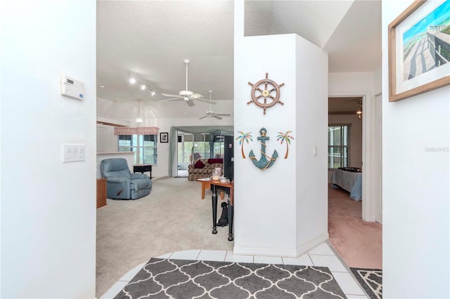 hall featuring light carpet and a textured ceiling