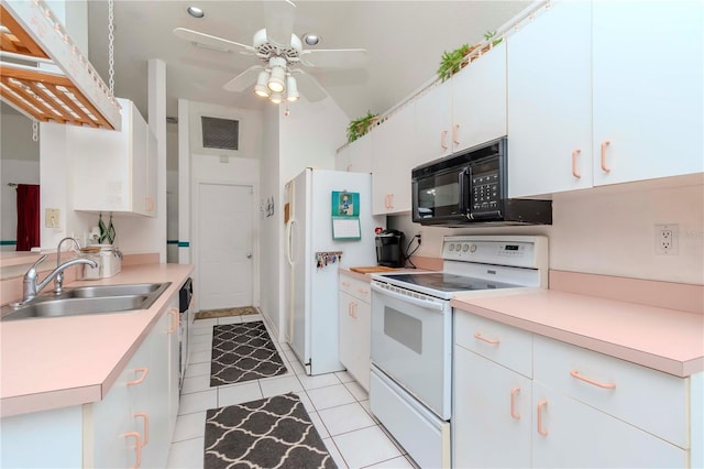 kitchen featuring light tile patterned flooring, white cabinetry, sink, ceiling fan, and white appliances