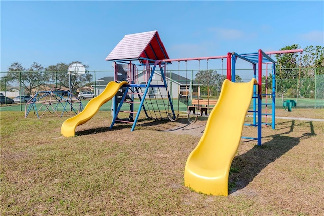 view of play area featuring a lawn