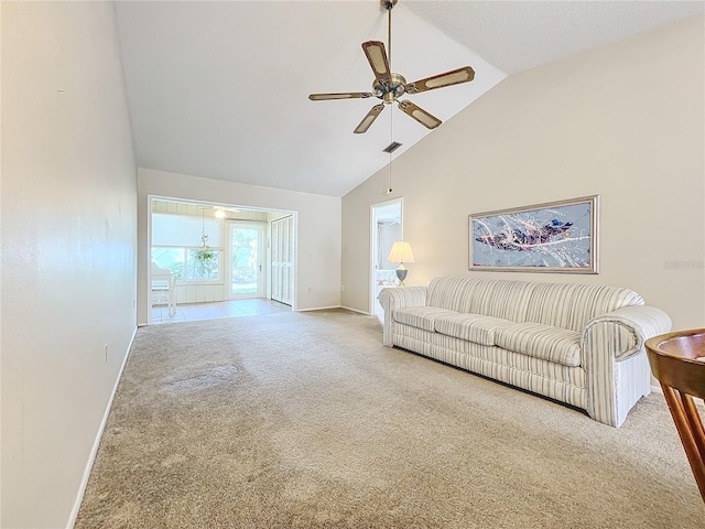 carpeted living room with lofted ceiling and ceiling fan