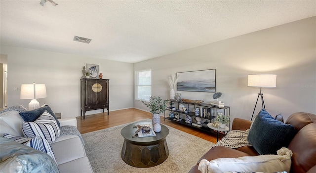 living room with hardwood / wood-style floors and a textured ceiling