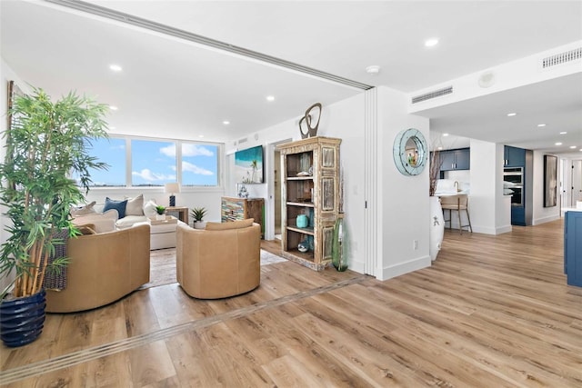 living room with sink and light hardwood / wood-style flooring