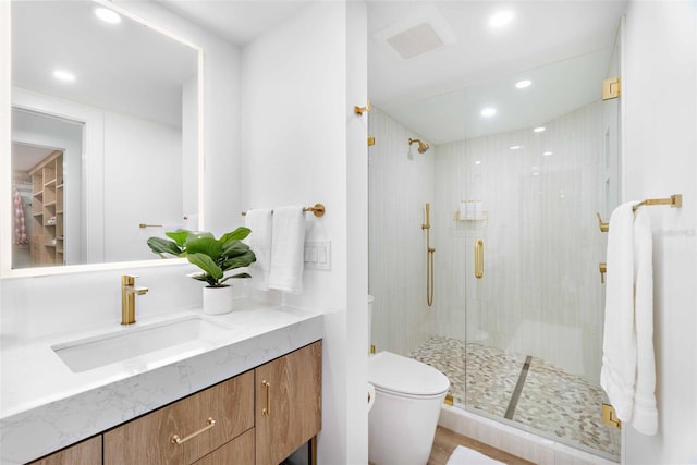 bathroom featuring toilet, vanity, and walk in shower