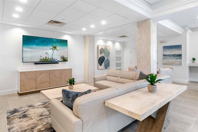 living room with light tile patterned flooring and a drop ceiling