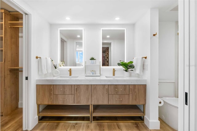 bathroom featuring vanity and hardwood / wood-style floors