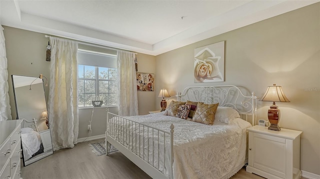 bedroom with a raised ceiling and hardwood / wood-style floors