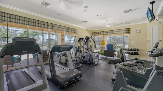 gym featuring plenty of natural light, ornamental molding, and ceiling fan