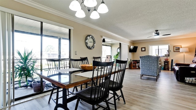 dining room with ceiling fan with notable chandelier, ornamental molding, light wood-type flooring, and a wealth of natural light