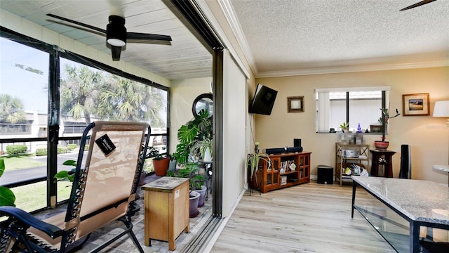 sunroom with ceiling fan