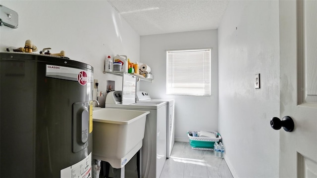 laundry room featuring water heater, separate washer and dryer, sink, and a textured ceiling