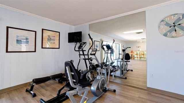 workout area with crown molding and light wood-type flooring