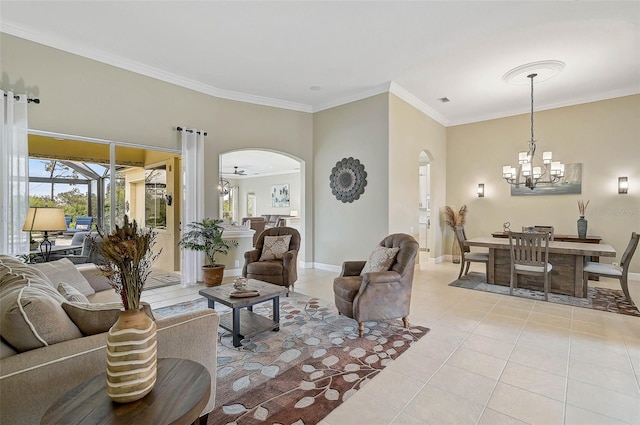 living room featuring ornamental molding, a chandelier, and light tile patterned floors