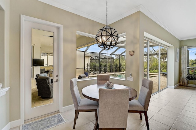 dining area featuring crown molding, light tile patterned floors, and a notable chandelier