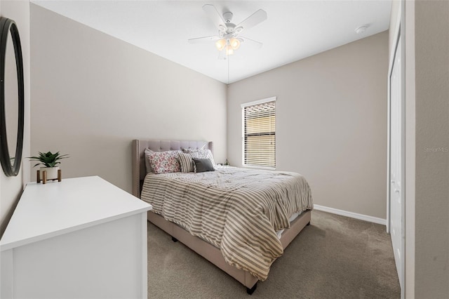 bedroom with light carpet and ceiling fan