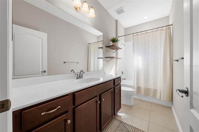 full bathroom featuring vanity, toilet, shower / tub combo, and tile patterned flooring