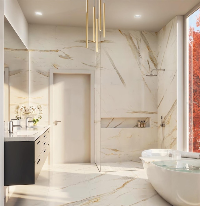 bathroom with vanity and a shower