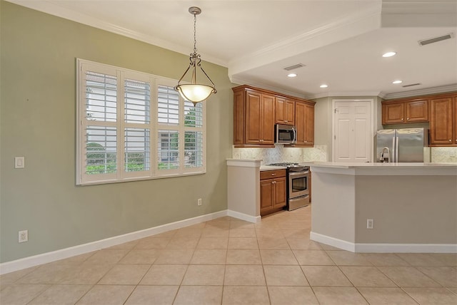 kitchen with light tile patterned floors, crown molding, stainless steel appliances, tasteful backsplash, and decorative light fixtures