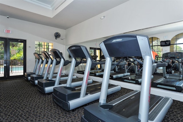 gym featuring crown molding, plenty of natural light, french doors, and dark colored carpet