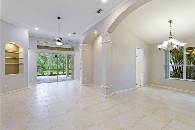 tiled empty room with ceiling fan with notable chandelier, crown molding, decorative columns, and built in features