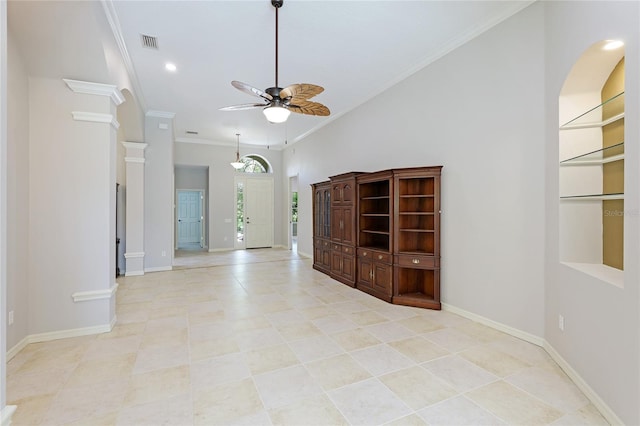 interior space with crown molding and ceiling fan