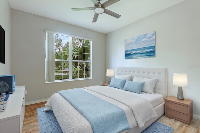 bedroom with ceiling fan and light wood-type flooring