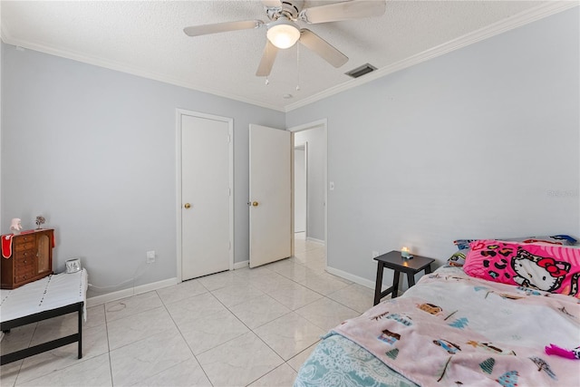 bedroom featuring crown molding, light tile patterned flooring, a textured ceiling, and ceiling fan