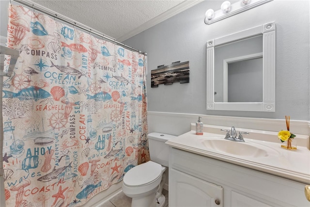 bathroom featuring a textured ceiling, tile patterned floors, vanity, toilet, and walk in shower