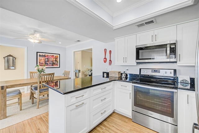 kitchen with stainless steel appliances, white cabinetry, ornamental molding, and kitchen peninsula