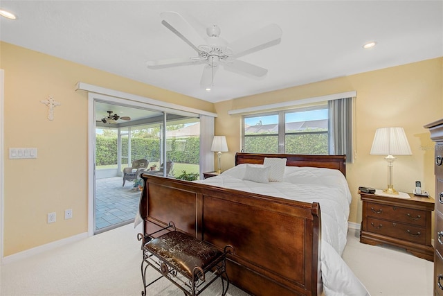 bedroom with ceiling fan, light colored carpet, and access to outside