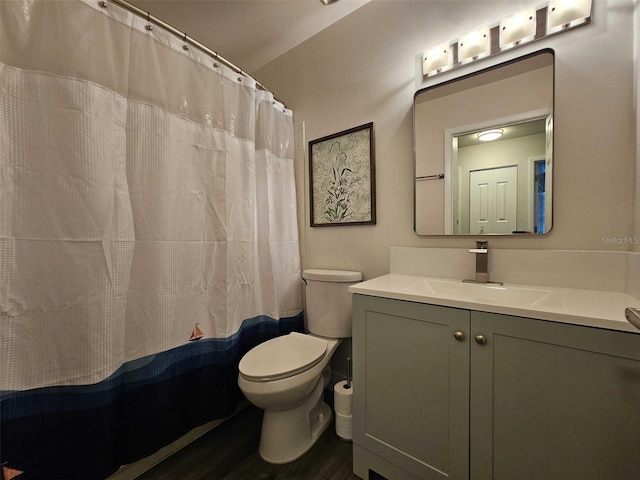 bathroom featuring vanity, hardwood / wood-style floors, and toilet