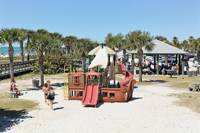 view of play area featuring a water view