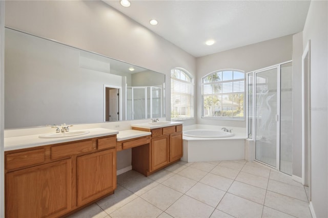 2773 Harvest Dr, Sarasota, FL 34240 - full bathroom with a stall shower, a bath, tile patterned flooring, and vanity