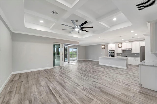 unfurnished living room with coffered ceiling, beam ceiling, light hardwood / wood-style floors, and ceiling fan