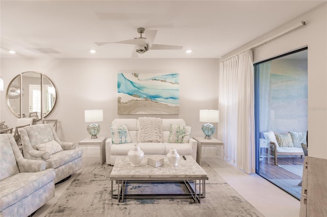 living room with ceiling fan