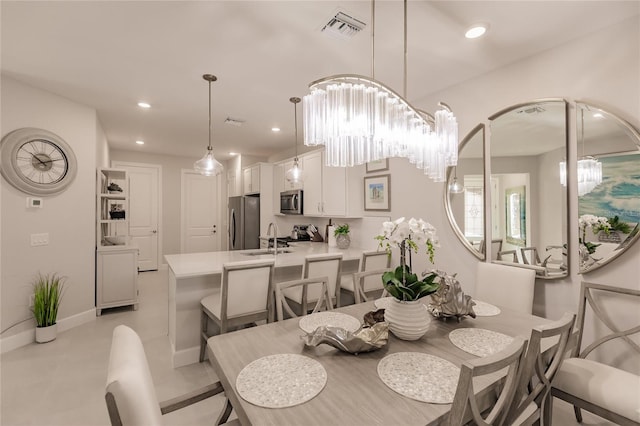 dining room with sink and a notable chandelier